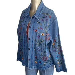 Vintage Tantrums Women Denim Embroidered Button Up Jacket Size Large 90S Floral
